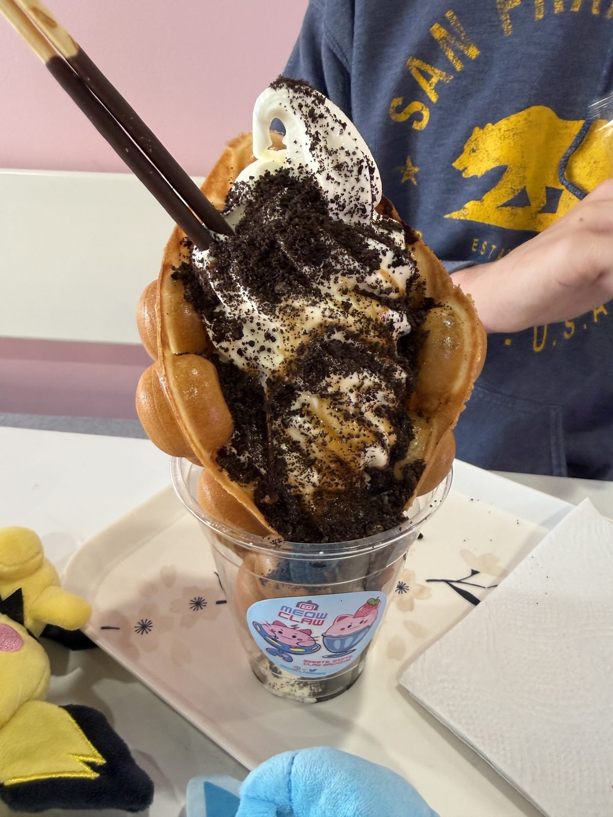 A bubble waffle cone with cookies and cream at Meow Claw in Rockville, MD