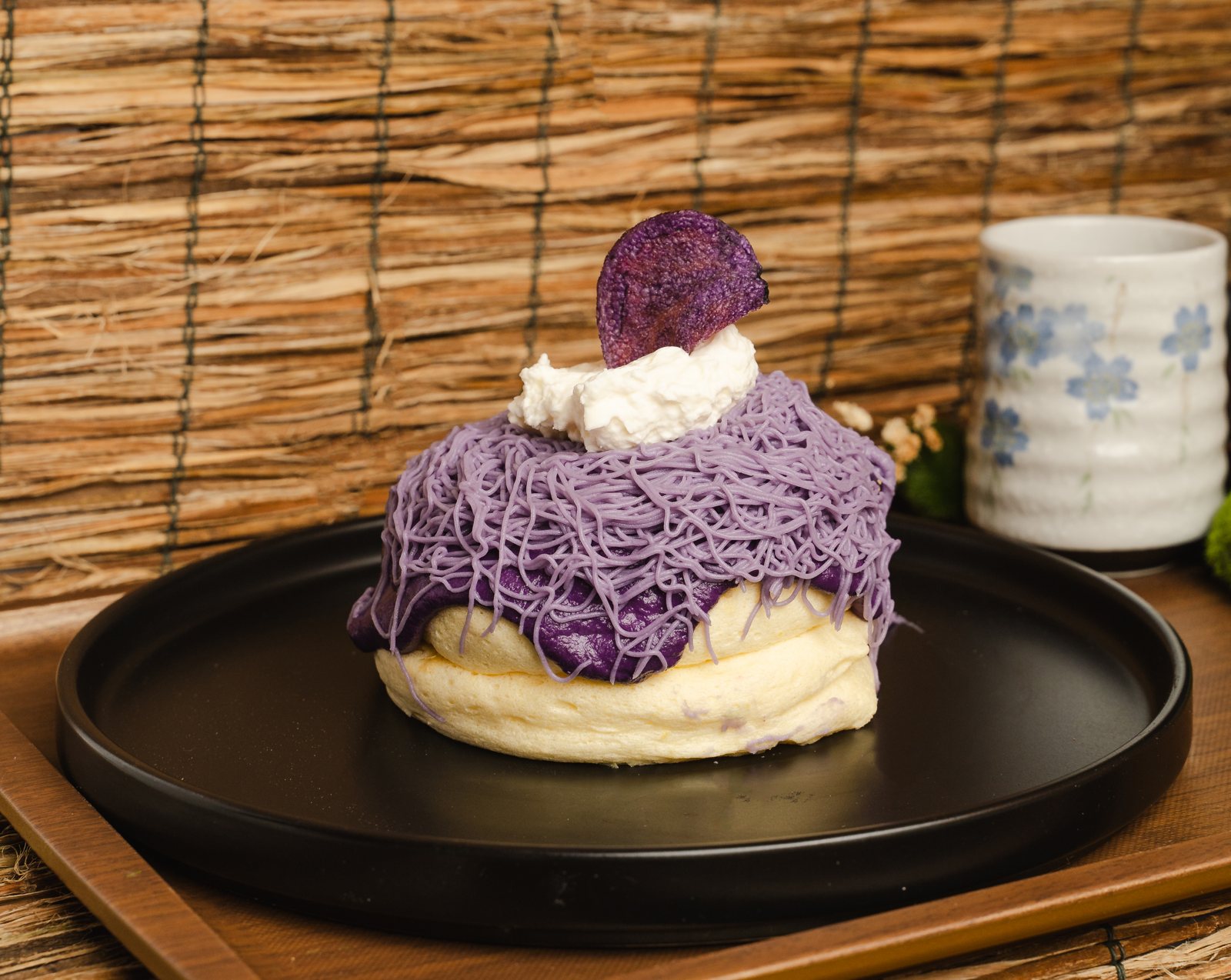 Ube Montblanc soufflé pancake at Okaeri Japanese Cafe in Rockville